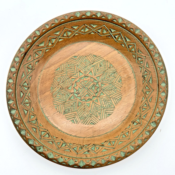 Vintage Other - Vintage Hand Carved Wood Plate Trinket Dish Hand Painted Folk Art 6.25"